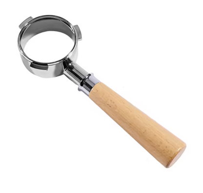 Coffee dosing tool with wooden handle and metal component, showing dimensions and gift label.