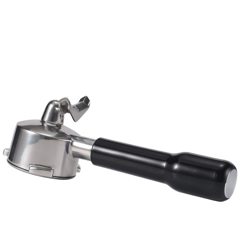 Coffee portafilter with black plastic handle and metal top, showing dimensions on a white background.