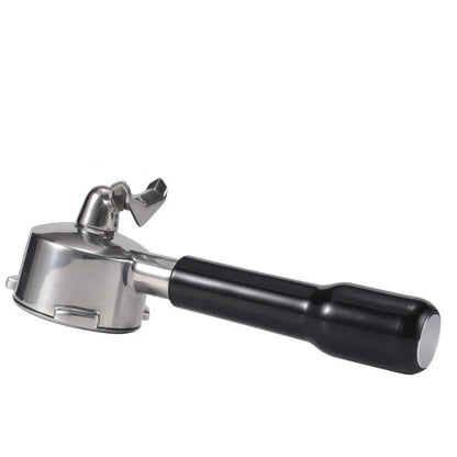 Coffee portafilter with black plastic handle and metal top, showing dimensions on a white background.