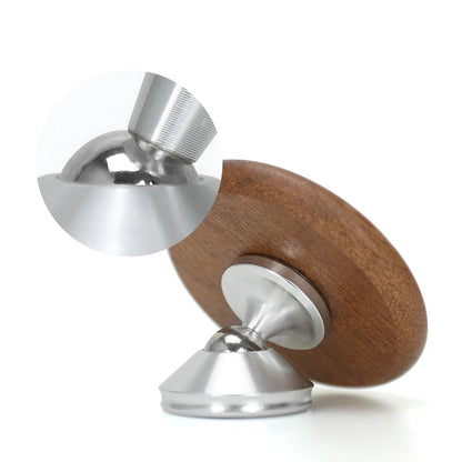 Wooden wheel with metal ball bearings on a white background, labeled 'STEEL BALL ROTATION'.