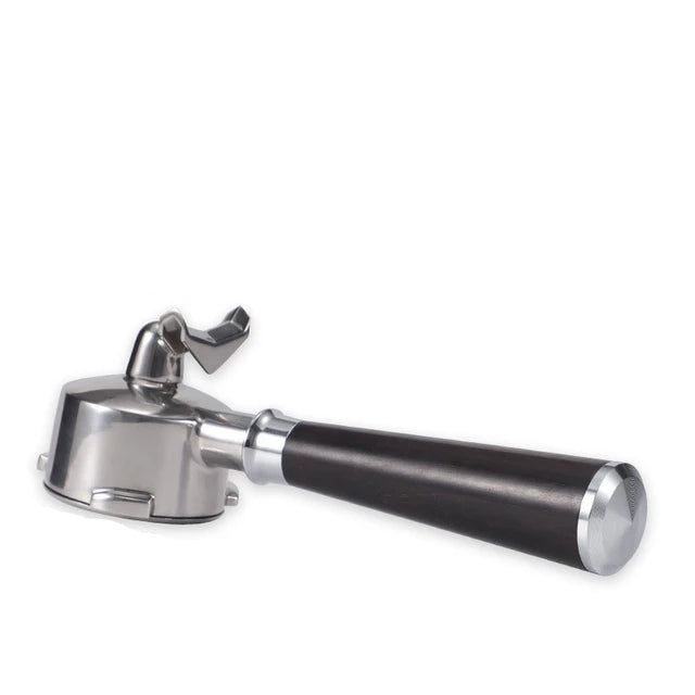 Coffee handle with black wooden grip and silver metal parts, labeled 'Solid Wood (Black)' with measurements on a white background.