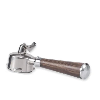 Coffee portafilter with wooden handle and metal parts, labeled 'Solid Wood (Brown)' and measurements on a white background.