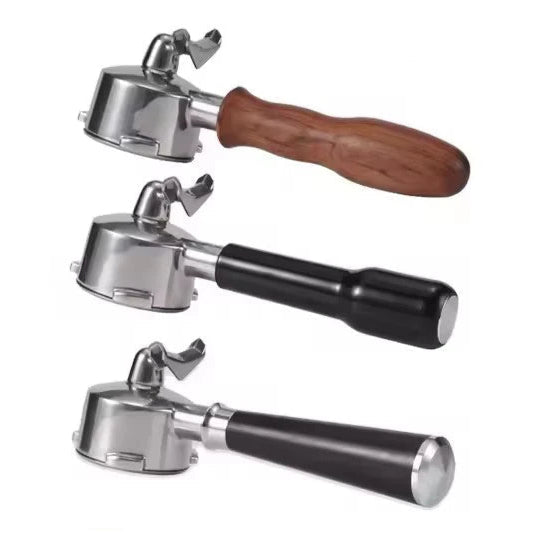 Three coffee portafilters with wooden and metal handles on a white background