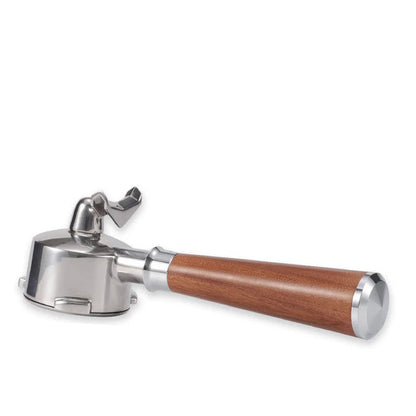 Coffee portafilter with wooden handle and metal body on a white background