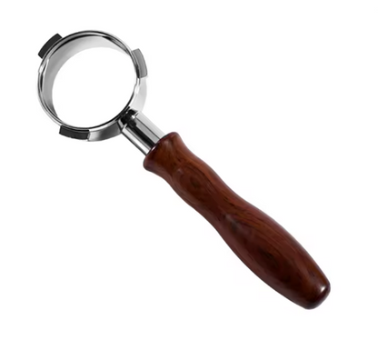 Coffee dosing tool with wooden handle and metal parts, including a small metal cup, on a white background.