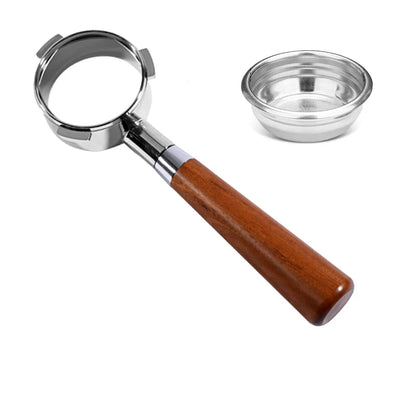 Coffee measuring tool with wooden handle and metal component, accompanied by a small metal cup, on a white background.