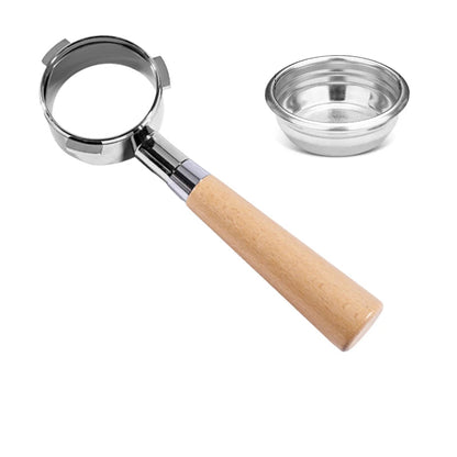 Coffee dosing tool with wooden handle and metal components, accompanied by a small metal bowl, on a white background.