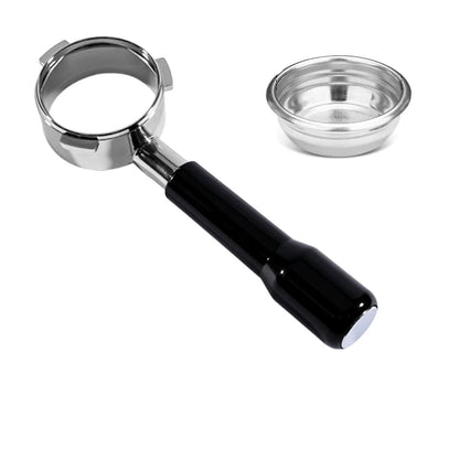 Coffee measuring tool with black handle and silver top, accompanied by a small metal cup, on a white background.