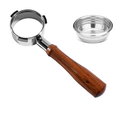 Coffee tamper with wooden handle and metal basket, accompanied by a small metal cup, on a white background.
