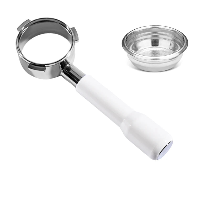 White and silver coffee tamper with measurement details on a white background