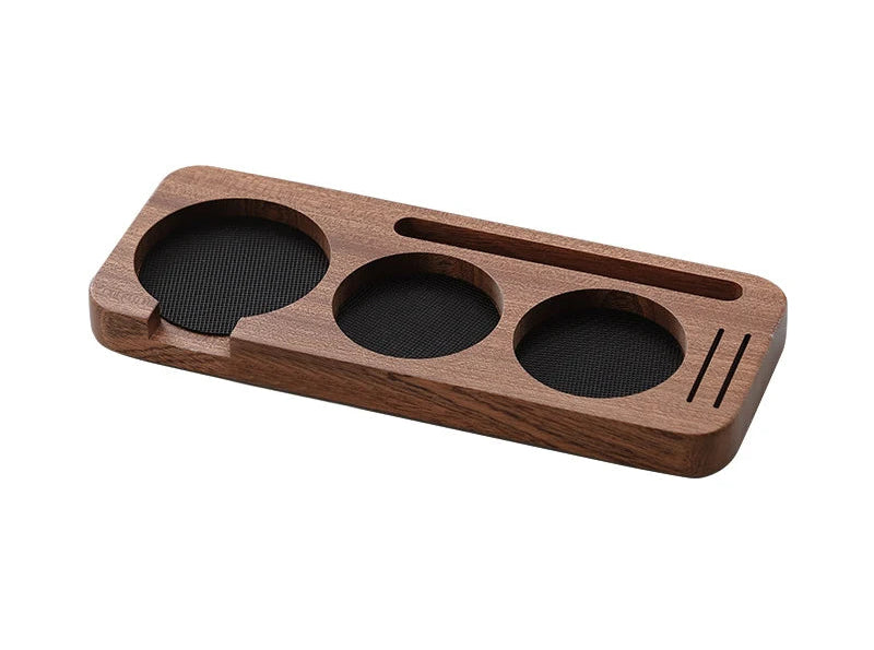 Wooden stand with three circular holes for glasses on a white background