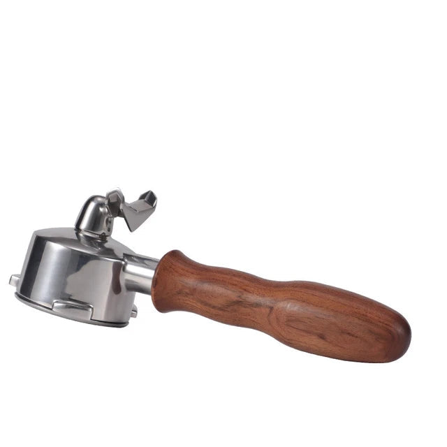 Coffee filter with wooden handle and metal base, labeled 'Solid Wood (Red)' and dimensions on a white background.