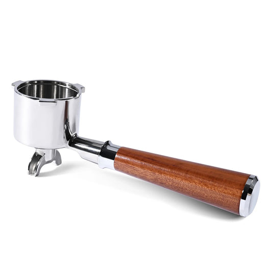 51mm Delong 9 series 3-Ear Double Spout portafilter with wooden handle on a white background