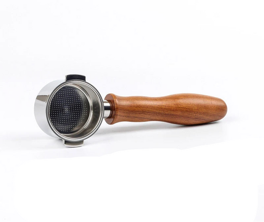 Coffee brewing tool with wooden handle and metal basket on a white background